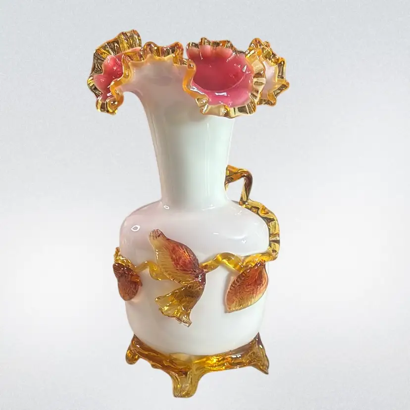 G- Steve & Williams Uranium Pink Cased White Matsu-no-ke Glass Vase. HAS ISSUES