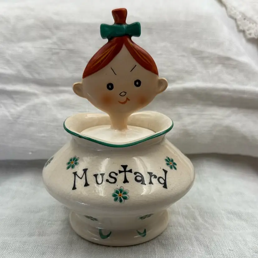 1950s Lipper & Mann Mustard Pixie Condiment Jar Spoon Anthropomorphic Pixieware - Made In Japan