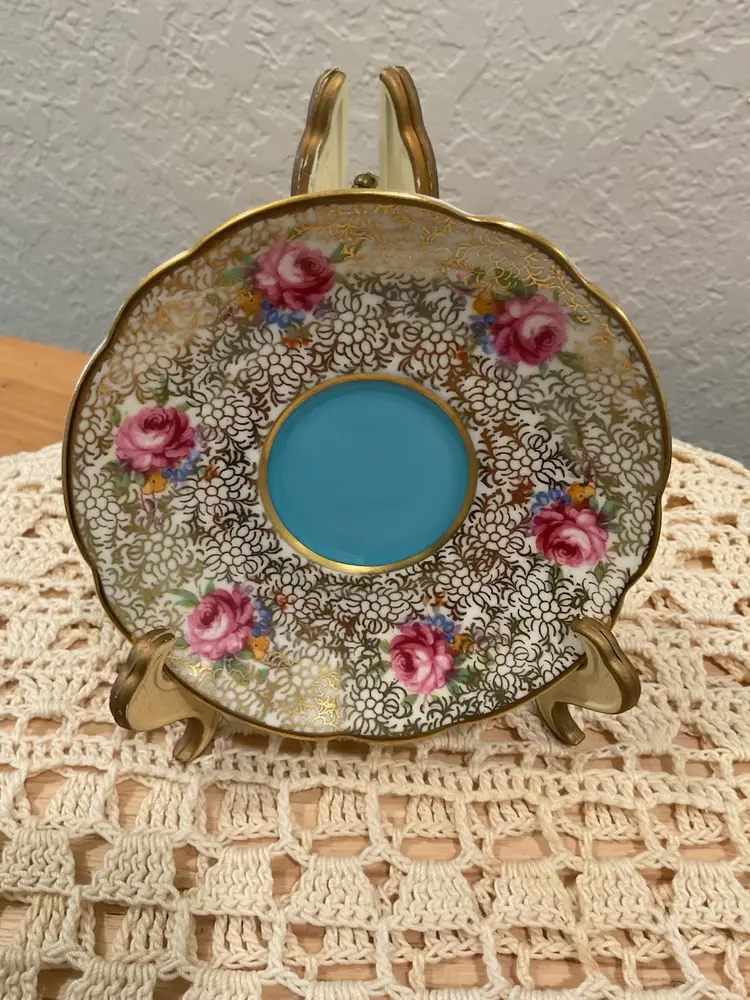 Gold Chintz With Roses On Blue Saucer 4.5” Dia