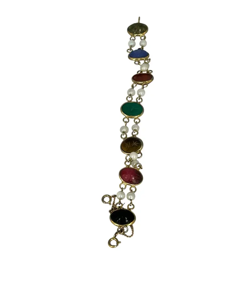 Vintage Gold-Filled Scarab Bracelet with Multi-Gemstones & Cultured Pearls — Egyptian Revival Carved Scarabs