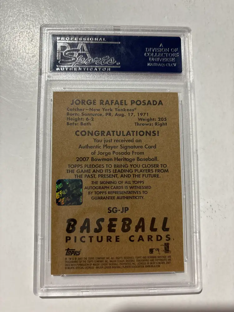 2007 Bowman Heritage Signs Of Greatness, # SS-JP Jorge Posada, New York Yankees Autograph PSA 7 NM