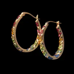 Oval Silver Tone Rainbow Crystals Pierced Earrings Marked JCM Brass Thailand