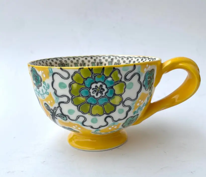 ANTHROPOLOGIE Elka Ayaka Footed Yellow Floral Cup w/Twisted Handle