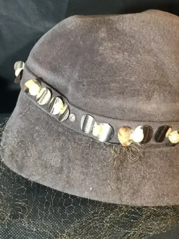 Vintage Genuine Velour Gray Hat with Veil & Beaded Trim Size 22