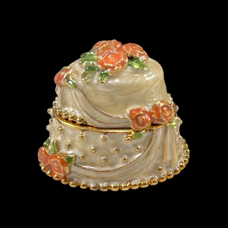 Monet Enamel Flowered Cake Magnetic Trinket Box, Monet Collectible Box Wedding Cake, Enamel Monet Keepsake Box