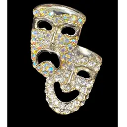 Vintage Gold Tone Comedy Tragedy Crystal Aurora Borealis AB Stone Brooch