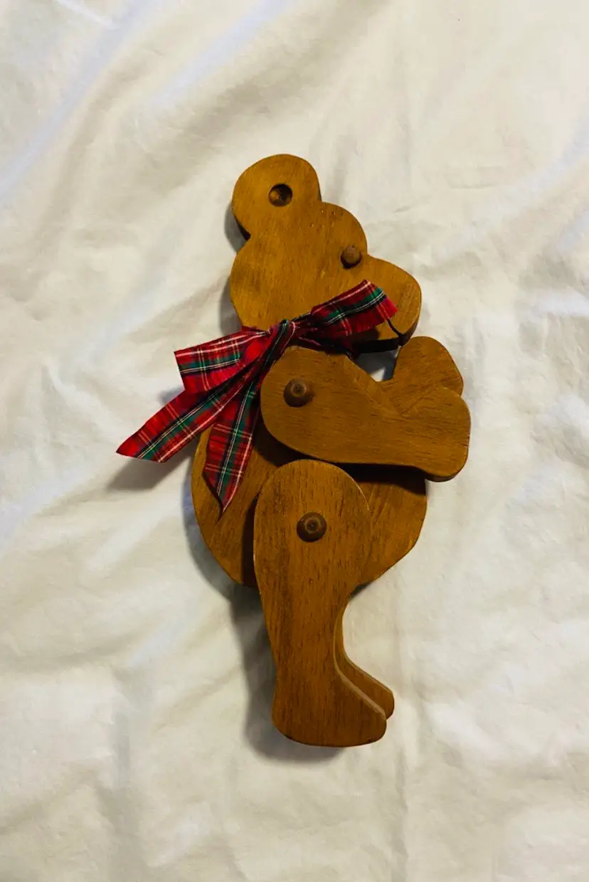 Vintage Wooden Articulated Teddy Bear with Moveable Arms and Legs FolkArt Rustic Farmhouse Primitive