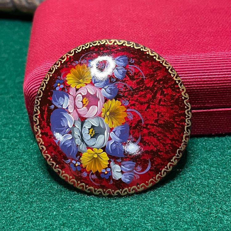 Hand Painted Russian Brooch Pin Round Florals Flowers Red Lacquered