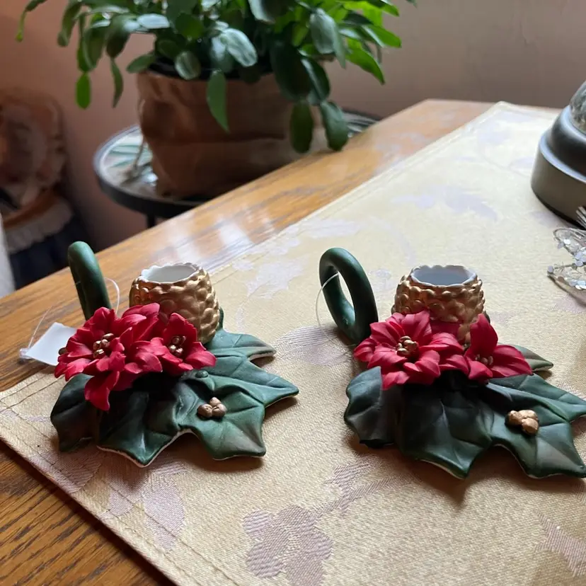 Pair of Red Poinsettia Candle Holders. Green Accents.