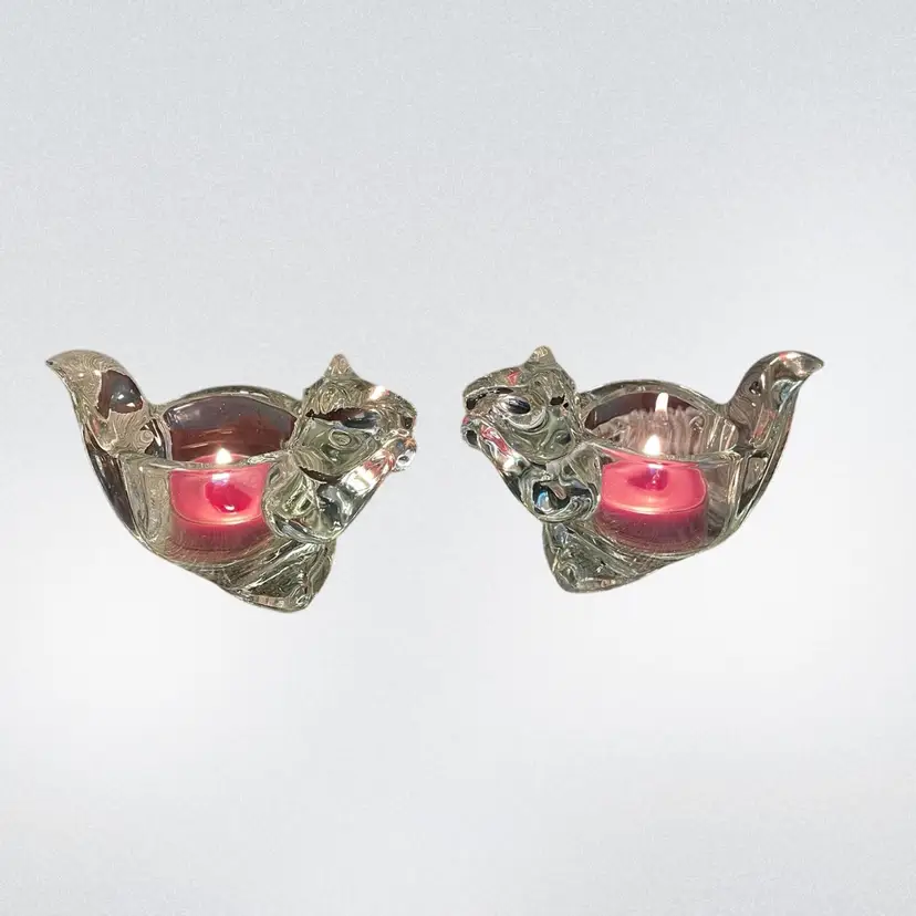 Vintage 70's Avon Clear Glass Squirrel Figurines Tealight / Votive Holder Set Of 2