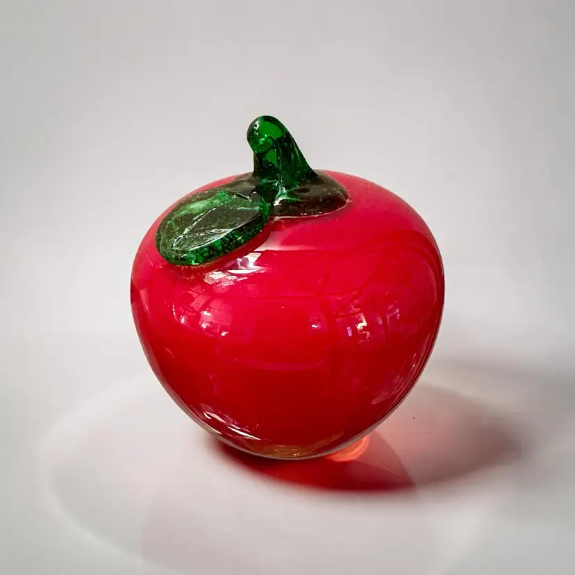 Vintage Hand-blown Red Apple Glass Paperweight w/ Green Leaf - Teacher’s Gift