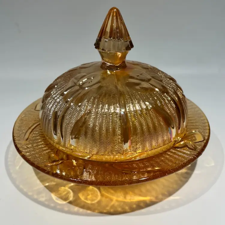 Jeanette Glass- Iris & Herringbone- Marigold Carnival Glass- Covered Butter Dish- Round- 4” H, 5 7/8” W