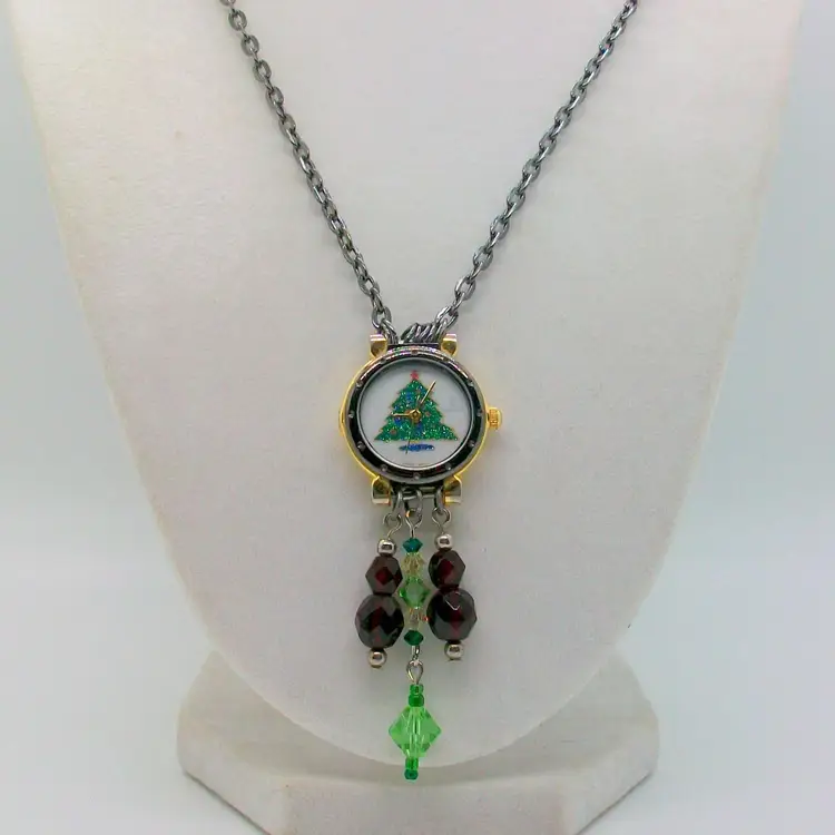 Repurposed Green Sparkle Christmas Tree Analog Wristwatch Pendant Necklace 26"