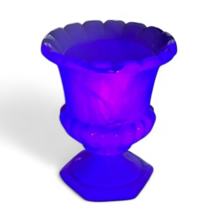 #2 - Some Orange Glow! Vintage Akro Agate Blue Slag Glass Toothpick Holder Or Planter.