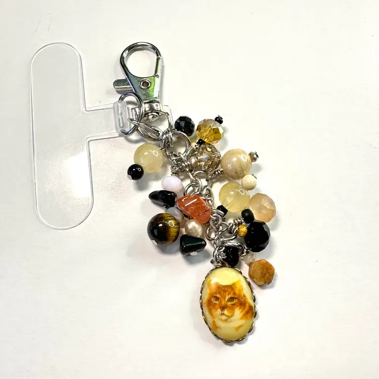 Beaded Phone Or Purse Charm Vintage Cat Brown Black Floral Multicolored Repurposed Jewelry Made By Me 3”