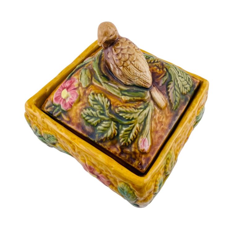 VTG Majolica Bird Trinket Box Ceramic Floral Colorful