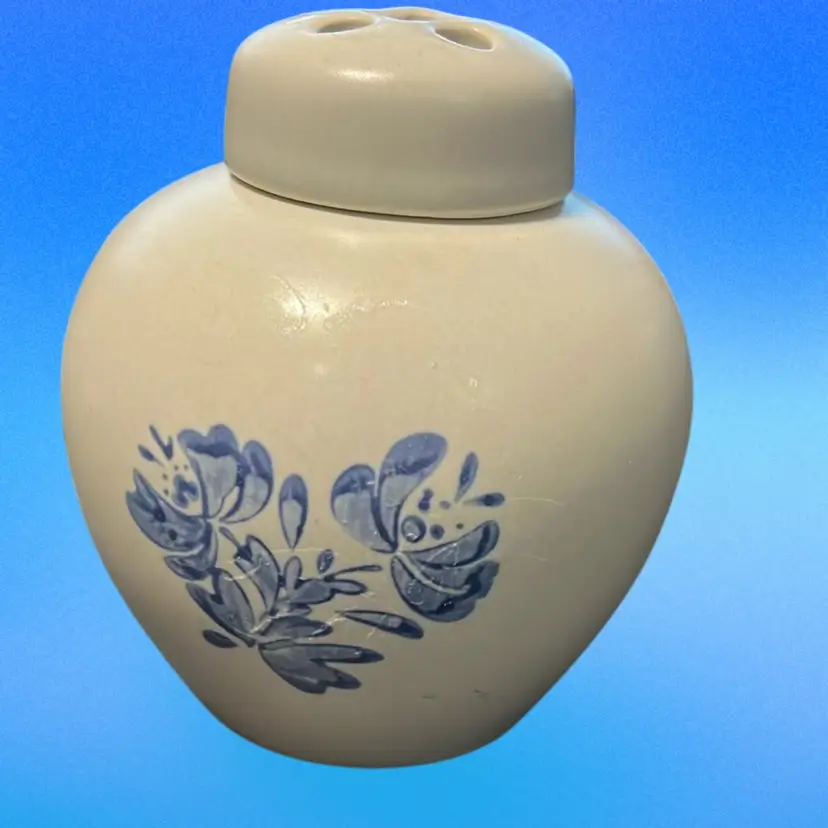 Vintage Pfaltzgraff Yorktowne stoneware potpourri holder with blue floral decoration. Could Be Used As A Flower Frog And Vase. 3”