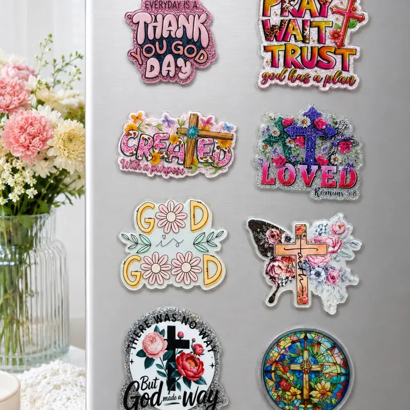 8 handmade acrylic Religious Faith Decorative Magnets Set Pink, Multicolor gift