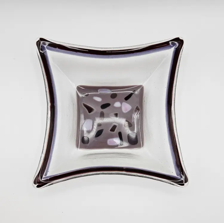 Abstract Fused Art Glass Square Console Dish Bowl  Purple Pink Mauve Browns