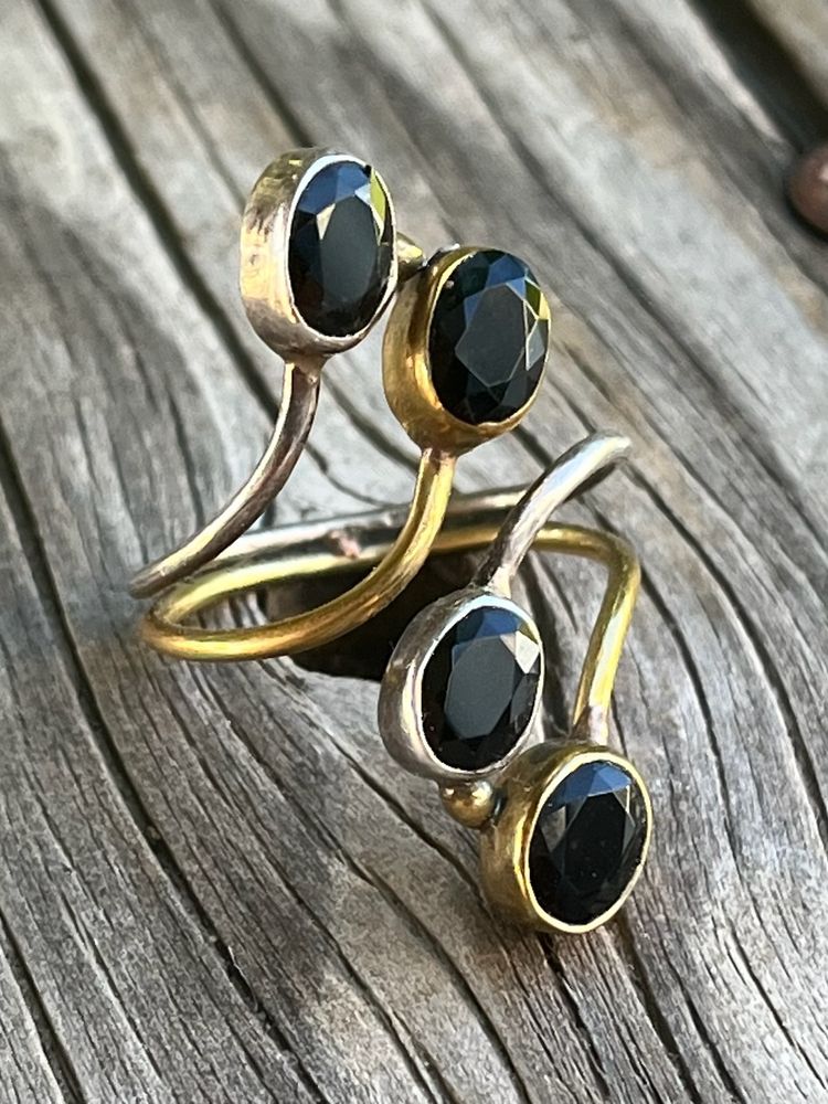 Black Obsidian Brass and Silver Adjustable Ring Size 8-9 Vintage