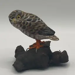 Hand-carved And Painted Wooden Owl On Driftwood, ~2 1/2” Tall, Unmarked Set Of 6