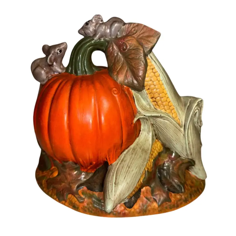 Pumpkin And Mice or Mouse Ceramic Hand Painted Fall Halloween Decor Vintage