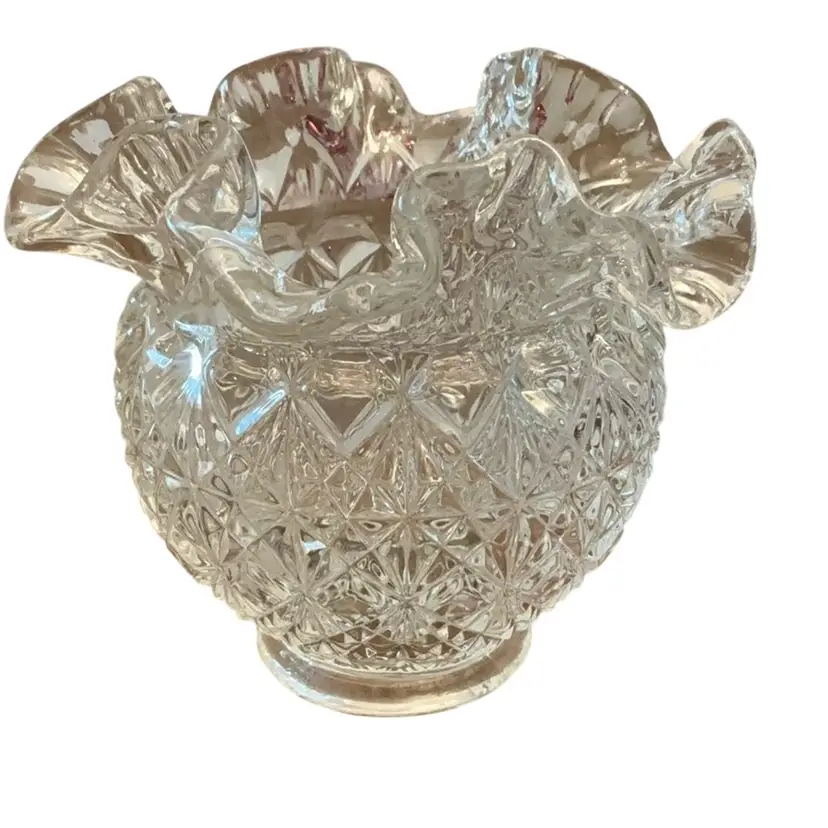 Fenton Clear Diamond Cut Rose Bowl Vase With Ruffled Rim 4 1/2” X 5”