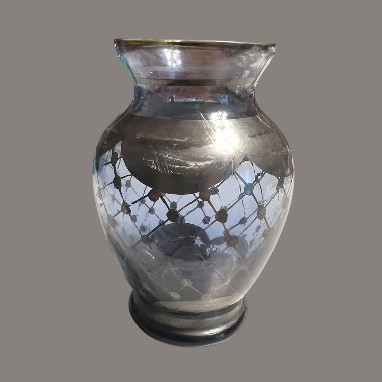 Antique gray blue silver overlay glass vase 4.5 x 3"