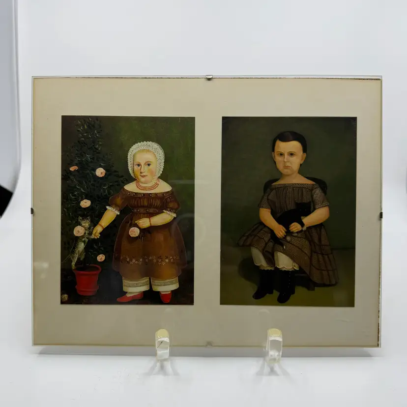 2 Folk Art Prints Under Glass Girls W Cats Emma Homan&Martha Bartlett W Kitten
