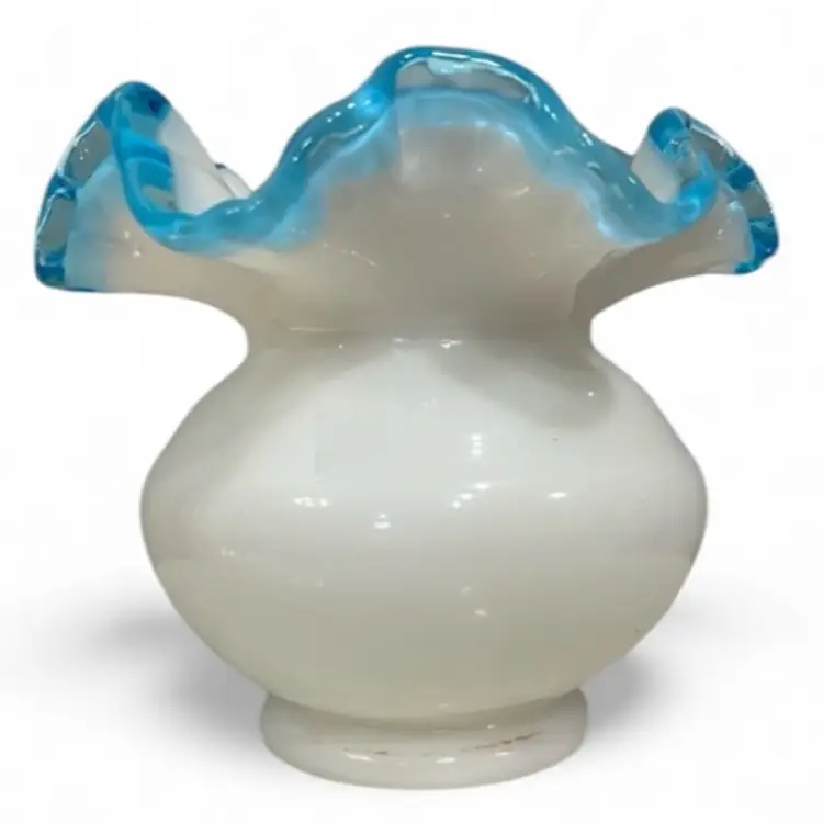 Vintage Fenton Aqua Crest Milk Glass Squat Vase Blue Ruffle Crimped Trim 4” Tall