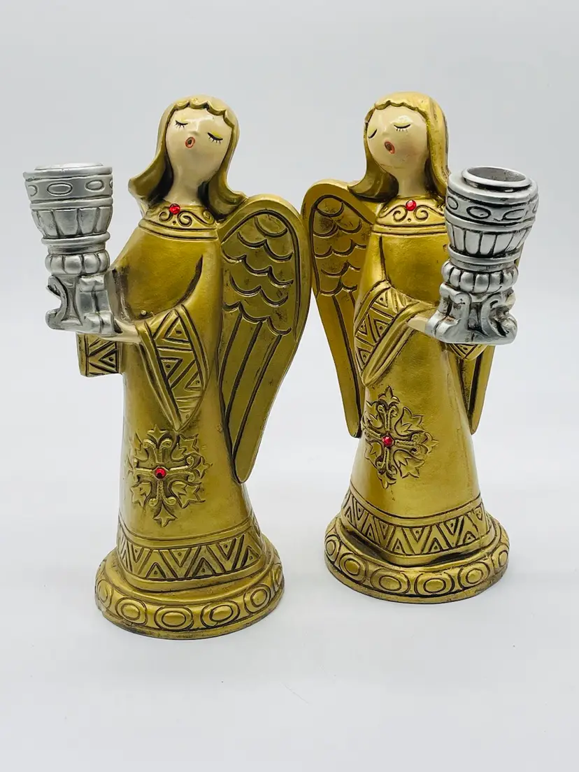 Pair Gold/Silver Singing  Angels Candlestick Holders