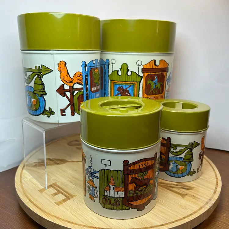 Vintage Set Of 4 Holt Howard “Tavern” Themed Aluminum Canisters With Avocado Green Lids 1970’s