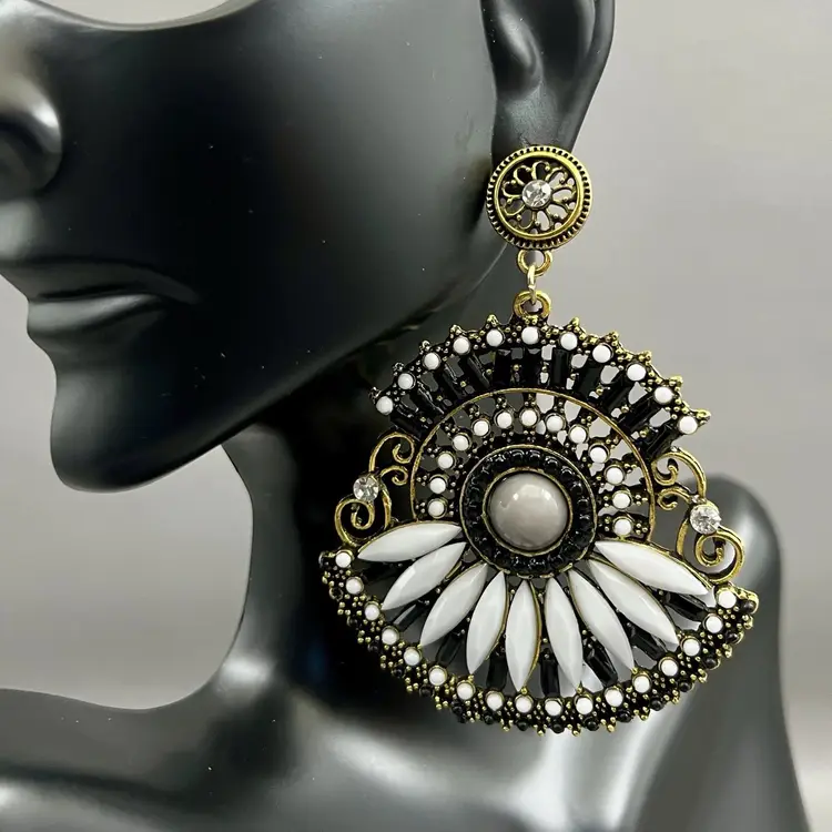 Statement Bohemian Style Drop Dangle Earrings Western Gold Tone White Black 3"