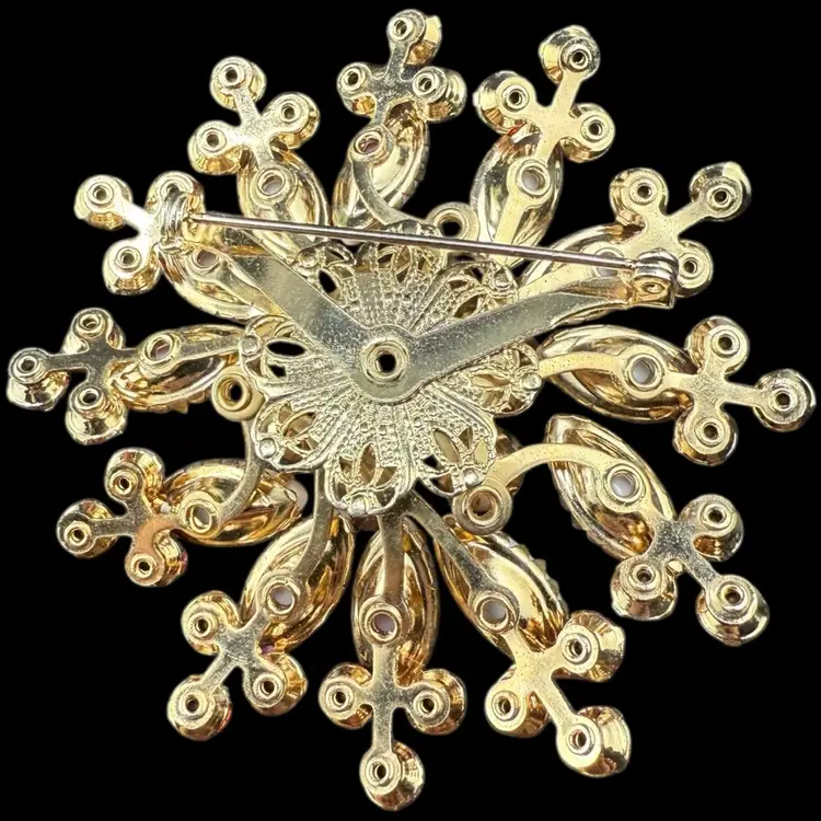 Pink & White Milk Glass an Rhinestone Brooch 2.75”