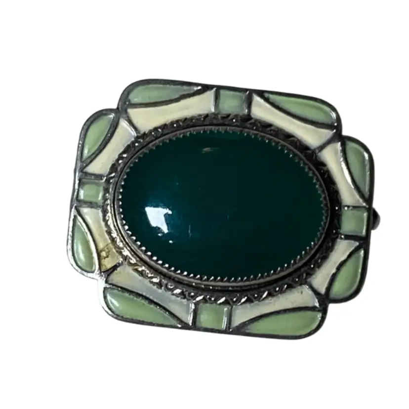 Art Deco Silver Tone 1.25” Enamel & Glass Cabochon Pin Brooch C-clasp