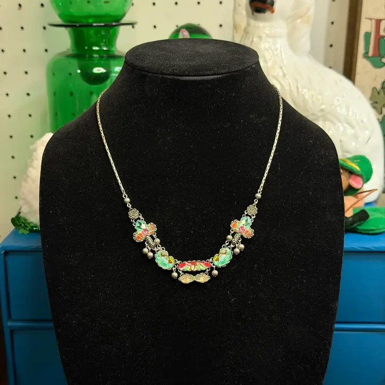 AYALA BAR Artisan Necklace Silver Tone Blue & Pink Patterned Fabric Under Glass Handmade Beads Clover