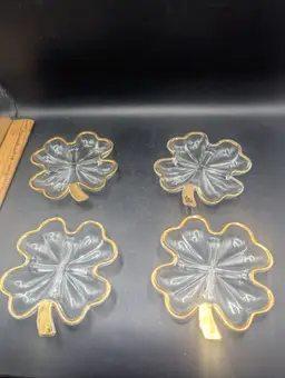 Vintage Set 4 Jeannette Glass Four-leaf Clover Nut/Trinket Dishes With Gold Trim
