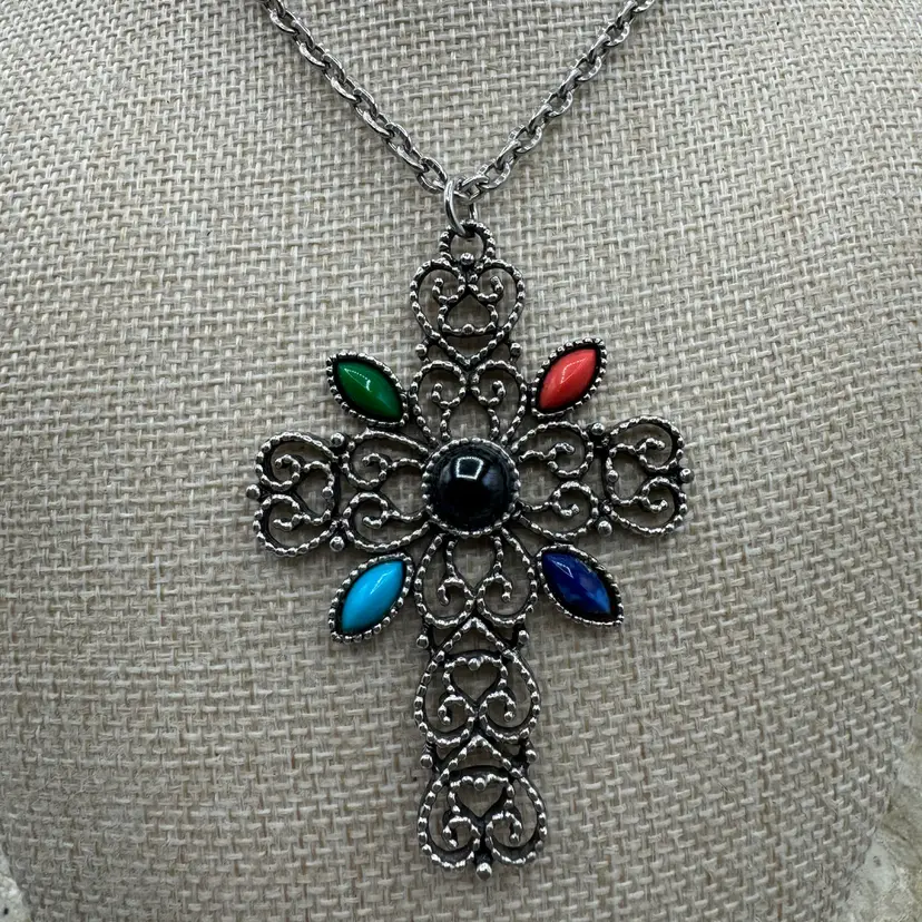 Vintage 1972 Avon Silver Tone Filigree Cross Necklace With Multicolor Gemstones
