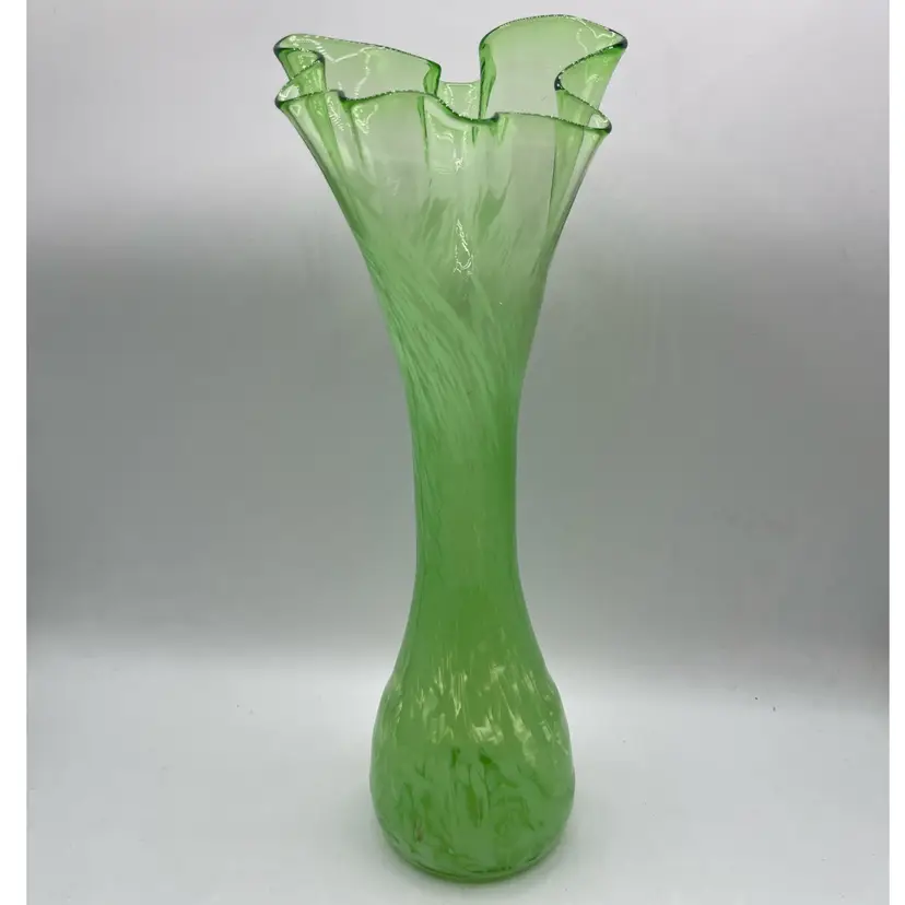 Summer - Vintage Dee Bee Co Ruff Swung Tall Green Glass Vase - Original Sticker - 14”