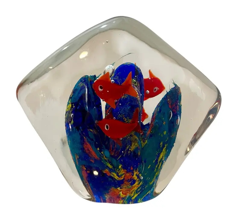 Seascape Paperweight Art Glass Tropical Fish Aquarium 3.5" T x 4" L x 1.75" W