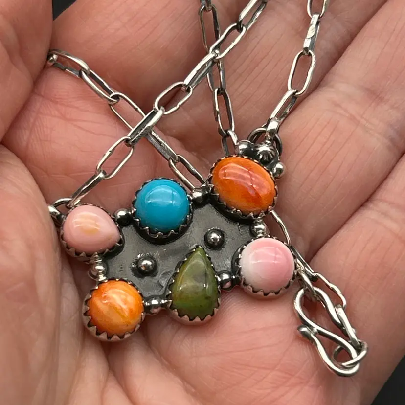 Handcrafted Sterling Silver Multi-Stone Necklace | Oyster Shell, Turquoise & Coral Style Stones | Adjustable 18 Inches