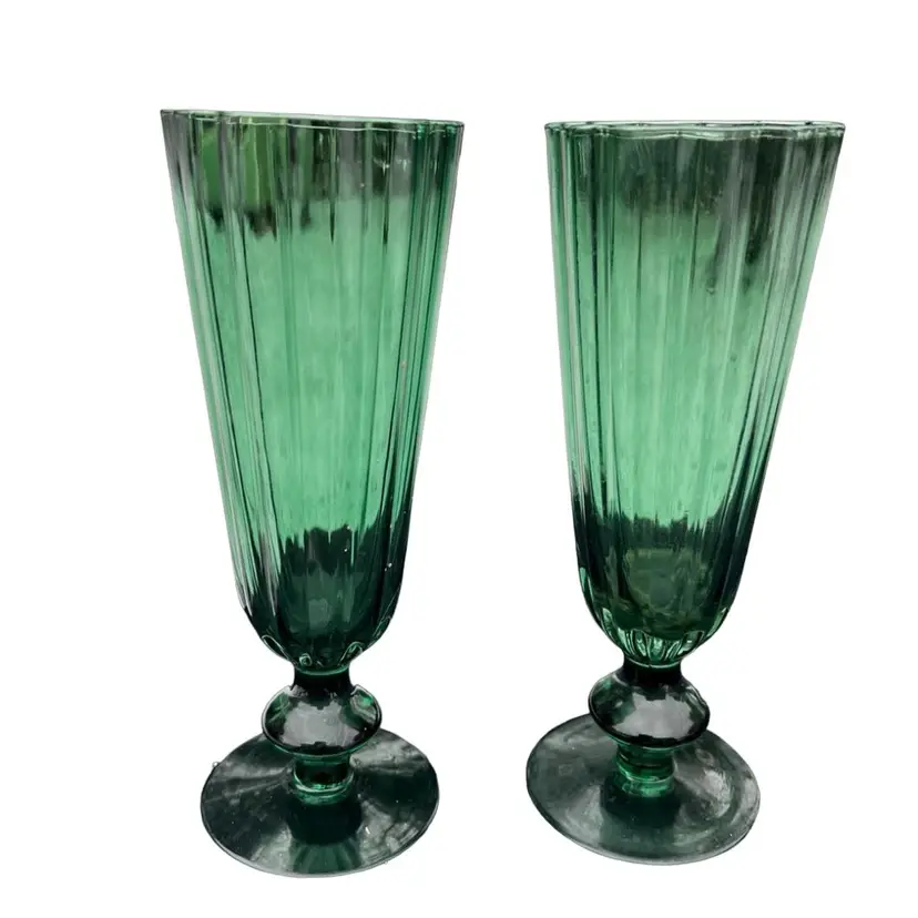 Vintage Green Glass Fluted Champagne Glasses