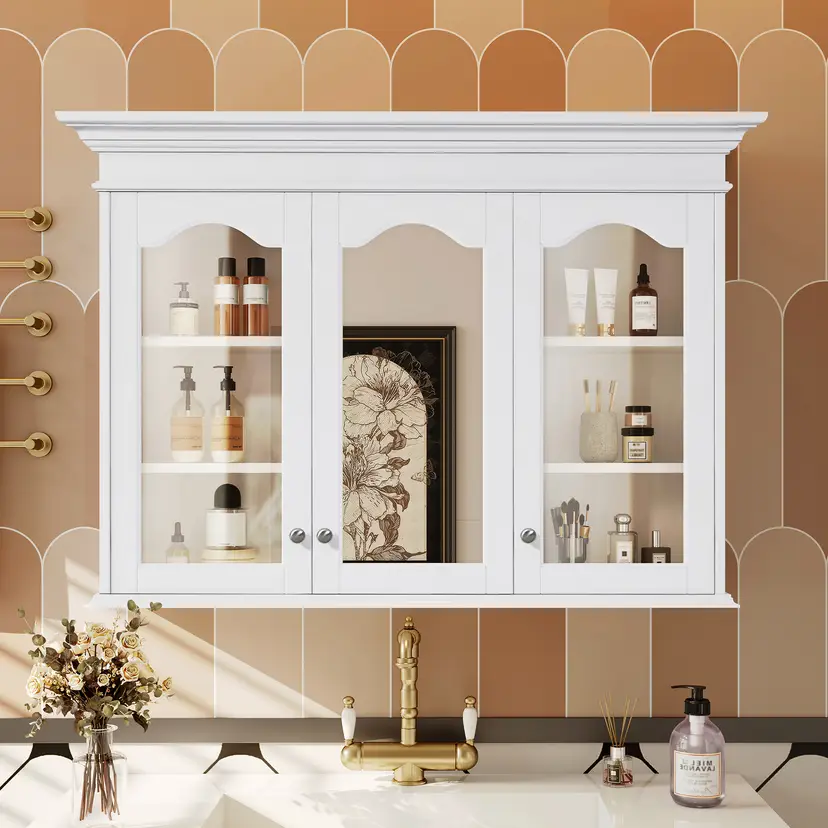 40" Wall Mounted Bathroom Mirror Medicine Cabinet with Glass Doors and Shelves