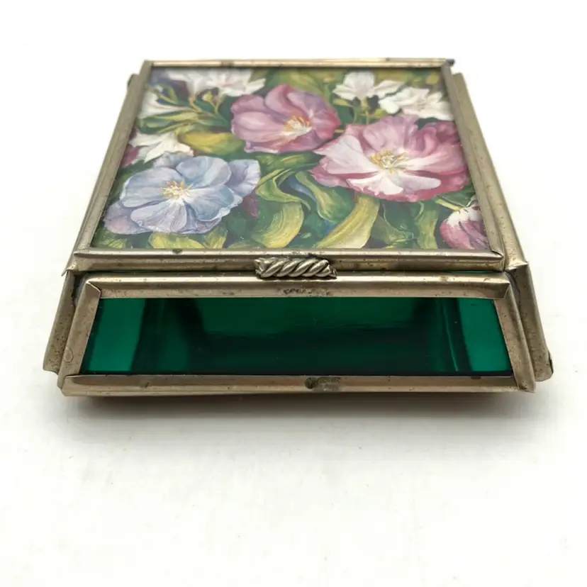 BIN - Vintage VIVA Glass Floral Hinged Lidded Mirror Box 1998 Mexico 3”