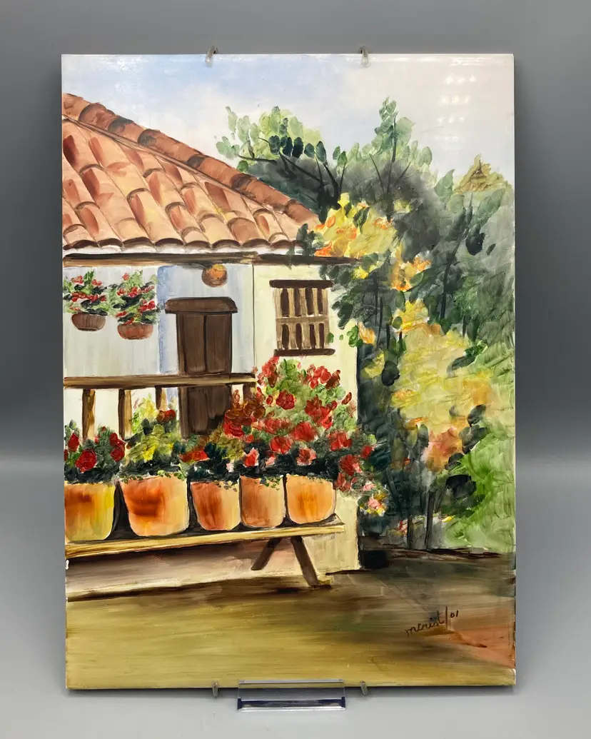 Vintage Hand Painted Signed Art - Landscape Scene on Columbian Tile - Wall Hanging