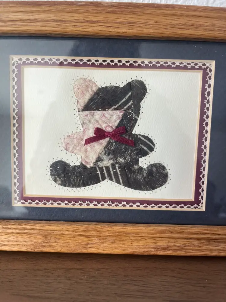 Antique Patchwork Quilt Bear Art Framed Cottage Core