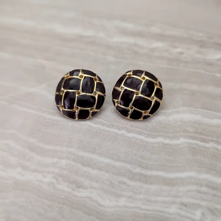 Vintage Clip On Earrings Black? with Gold Tone Lattice Design