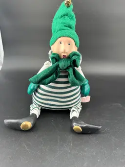 VTG Christmas Department 56 Hand Crafted Doll Green Striped Shelf Sitter