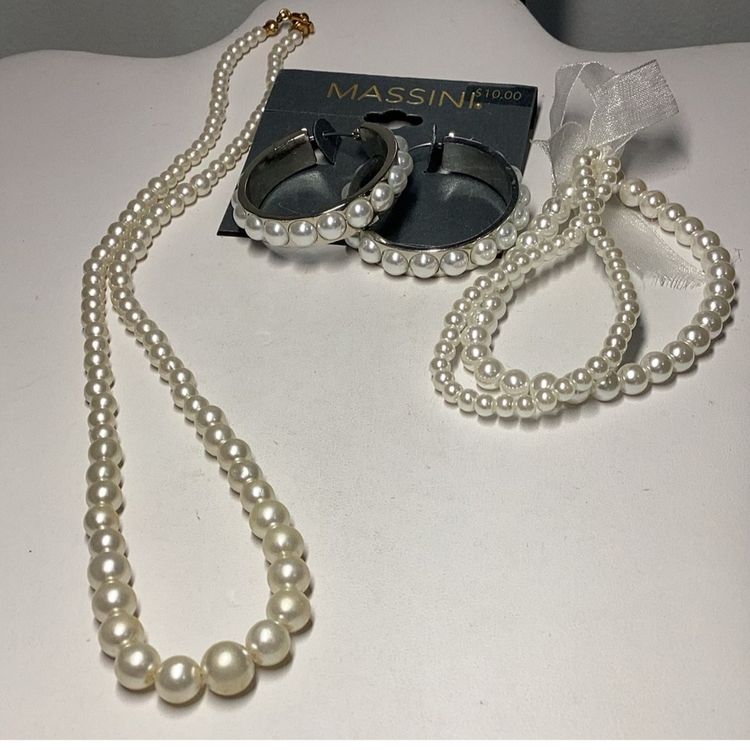 Faux Pearl Set - Double Bracelet Strech, Silver Tone Hoops, 18” Necklace