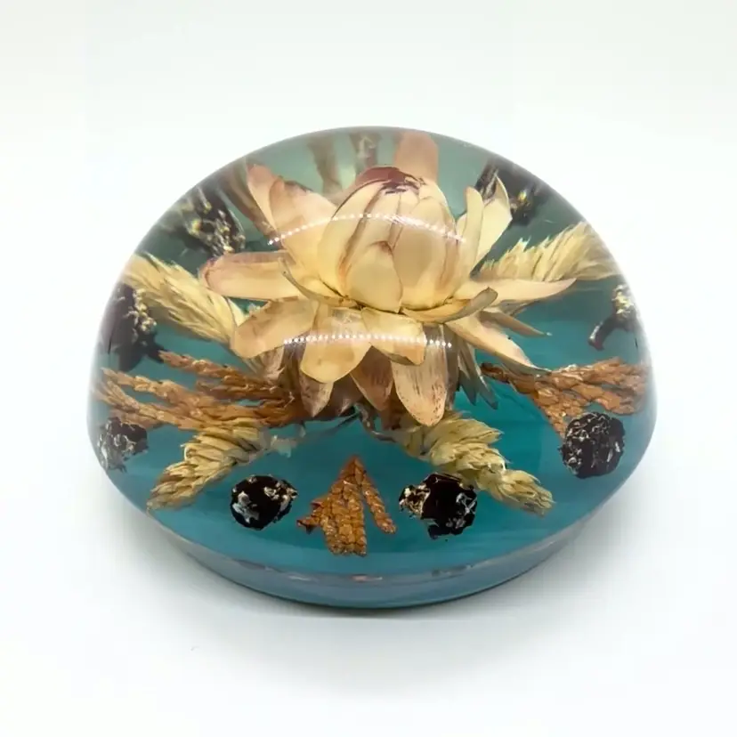 Vintage Dried Flower Paperweight Lucite Resin Acrylic Skipness Scotland 2.75"